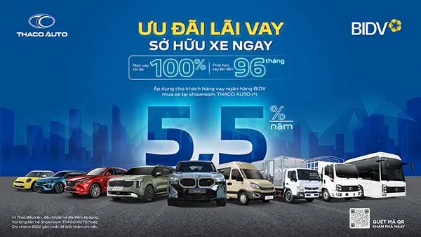 THACO AUTO hợp tác BIDV triển khai gói vay mua xe ưu đãi đến 100% giá trị xe, lãi suất chỉ từ 5,5%/năm